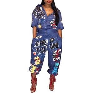One Piece Jumpsuit Letter Print Half Sleeve Shirt Collar Loose Romper Blue XXL